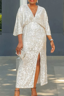 Cream White Elegant Solid Color Sequins Patchwork Slit V Neck Long Dresses