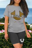 White Casual Letter Print Contrast O Neck Short Sleeve Two Pieces