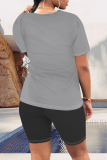 White Casual Letter Print Contrast O Neck Short Sleeve Two Pieces
