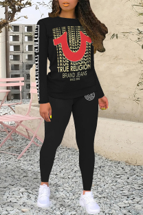 Black Casual Letter Print Contrast O Neck Long Sleeve Two Pieces