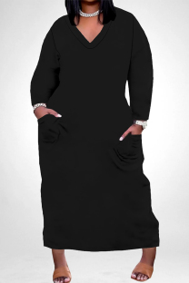Black Casual Solid Color Pocket V Neck Long Sleeve Plus Size Dresses