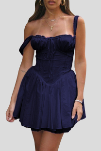 Navy Blue Elegant Solid Color Patchwork Backless Spaghetti Strap Sling Dresses