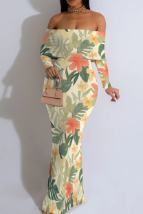 Light Khaki Casual Print Patchwork Backless Off Shoulder Long Dresses