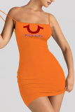 Rose Red Sexy Letter Print U Neck Sling Dresses