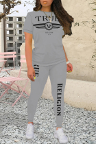 Grey Casual Street Letter Print Contrast O Neck Short Sleeve Two Pieces