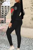 Rose Red Casual Letter Print Contrast O Neck Long Sleeve Two Pieces