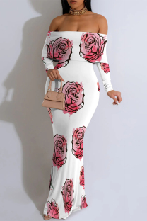 White Red Sexy Floral Print Contrast Off Shoulder One Step Skirt Dresses