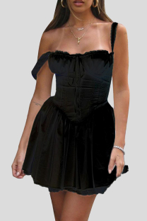 Black Elegant Solid Color Patchwork Backless Spaghetti Strap Sling Dresses