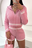 Pink Casual Patchwork Contrast Zipper Collar Long Sleeve Two Pieces