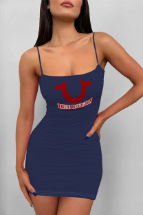 Navy Blue Sexy Letter Print U Neck Sling Dresses
