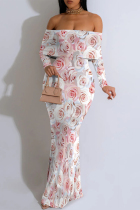 White Pink Sexy Floral Print Contrast Off Shoulder One Step Skirt Dresses