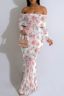 White Pink Sexy Floral Print Contrast Off Shoulder One Step Skirt Dresses