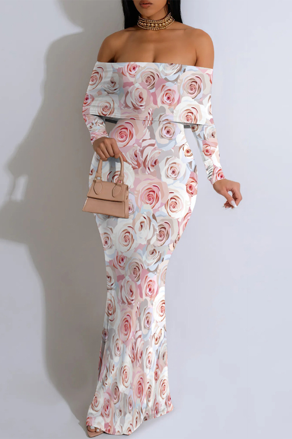 White Pink Sexy Floral Print Contrast Off Shoulder One Step Skirt Dresses