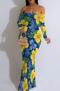 Blue Yellow Casual Print Patchwork Backless Off Shoulder Long Dresses