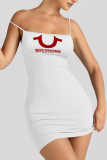 Rose Red Sexy Letter Print U Neck Sling Dresses