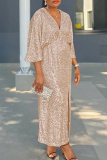 Champagne Elegant Solid Color Sequins Patchwork Slit V Neck Long Dresses