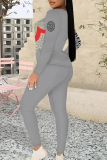 Rose Red Casual Letter Print Contrast O Neck Long Sleeve Two Pieces