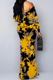 Navy Blue Sexy Floral Print Polka Dot Ruffle Contrast Off Shoulder Long Dresses