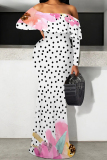 Navy Blue Sexy Floral Print Polka Dot Ruffle Contrast Off Shoulder Long Dresses