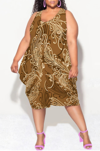 Brown Casual Letter Print Gradient Irregular Contrast U Neck Irregular Plus Size Dresses