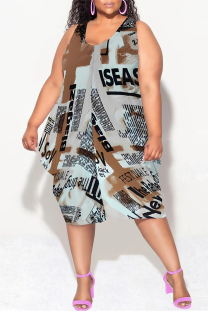 White Brown Casual Letter Print Gradient Irregular Contrast U Neck Irregular Plus Size Dresses