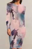 Dark Blue Casual Striped Print Gradient Contrast O Neck Printed Dresses
