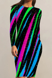 Dark Blue Casual Striped Print Gradient Contrast O Neck Printed Dresses