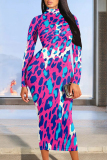 Black Red Casual Print Patchwork Half A Turtleneck Wrapped Skirt Dresses