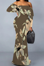 Olive Green Sexy Floral Print Polka Dot Ruffle Contrast Off Shoulder Long Dresses