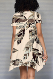 Black And White Casual Floral Print Irregular Contrast O Neck Irregular Short Sleeve Dress