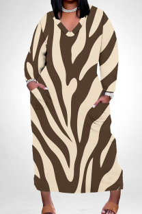 Brown Casual Stripe Pocket Patchwork V Neck Straight Plus Size Dresses