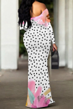 Navy Blue Sexy Floral Print Polka Dot Ruffle Contrast Off Shoulder Long Dresses