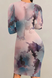 Dark Blue Casual Striped Print Gradient Contrast O Neck Printed Dresses