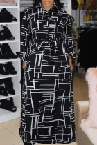 Black Elegant Stripe Buckle Patchwork Strap Design Turndown Collar Long Plus Size Dresses