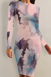 Pink Casual Striped Print Gradient Contrast O Neck Printed Dresses