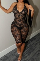Black Sexy Hot Club Solid Color See-Through Backless Spaghetti Strap Skinny Rompers