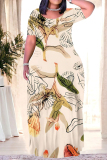 Beige Casual Floral Print Stripe Pocket Contrast O Neck Long Plus Size Dresses