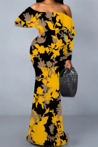 Black Yellow Sexy Floral Print Polka Dot Ruffle Contrast Off Shoulder Long Dresses