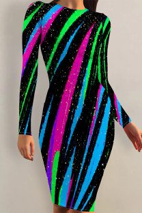 Multi-color Casual Striped Print Gradient Contrast O Neck Printed Dresses