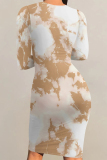 Dark Blue Casual Striped Print Gradient Contrast O Neck Printed Dresses