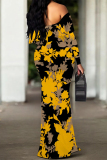 Navy Blue Sexy Floral Print Polka Dot Ruffle Contrast Off Shoulder Long Dresses