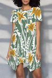 Black And White Casual Floral Print Irregular Contrast O Neck Irregular Short Sleeve Dress