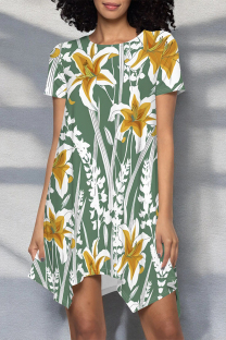 Green Casual Floral Print Irregular Contrast O Neck Irregular Short Sleeve Dress