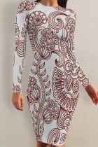 Grey Casual Street Floral Print Contrast O Neck Printed Dresses