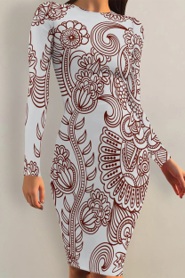 Grey Casual Street Floral Print Contrast O Neck Printed Dresses