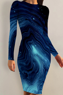 Dark Blue Casual Striped Print Gradient Contrast O Neck Printed Dresses