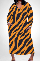 Orange Black Casual Stripe Pocket Patchwork V Neck Straight Plus Size Dresses