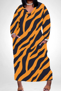 Orange Black Casual Stripe Pocket Patchwork V Neck Straight Plus Size Dresses