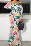 White Sexy Floral Print Contrast Off Shoulder One Step Skirt Dresses