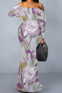 Light Purple Sexy Floral Print Contrast Off Shoulder One Step Skirt Dresses